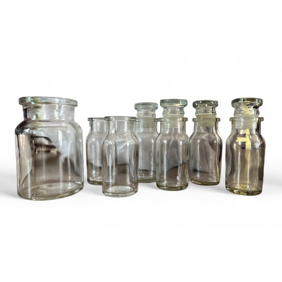 Vintage Mixed Size Mini Clear Glass Bottle Set 7 Stoppers Vase Alchemy Cottage - Picture 1 of 12